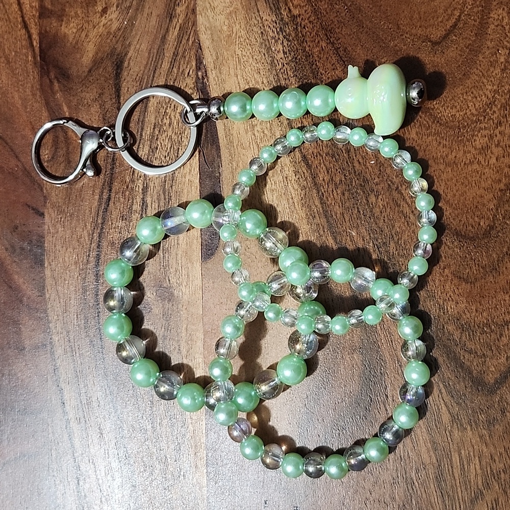 Handmade Green and Iridescent Clear Beaded Bracelet And Duck Key Ring Set